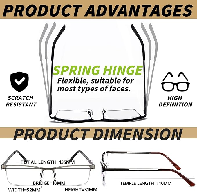 JJWELL 3 Pack Reading Glasses for Men Blue Light Blocking, Lightweight Metal Rectangle Semi Rimless Readers for Men, Anti Eyestrain/UV, Half Frame Spring Hinge Eyeglasses with Pouches 225