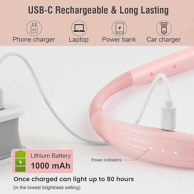 LED Neck Book Light Reading Lamp USB Rechargeable, Lighter Weight,Hands Free, Each 3 Colors with 3 Brightness, 80-hr Lasting Rechargeable Lamp,Perfect for Reading in Bed(Sakura Pink)