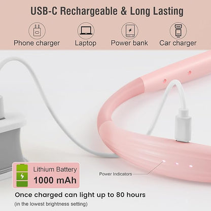 LED Neck Book Light Reading Lamp USB Rechargeable, Lighter Weight,Hands Free, Each 3 Colors with 3 Brightness, 80-hr Lasting Rechargeable Lamp,Perfect for Reading in Bed(Sakura Pink)