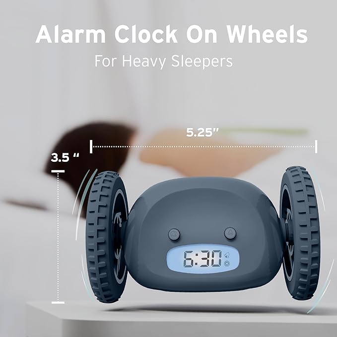 CLOCKY Alarm Clock on Wheels – Loud Rolling Alarm Clock for Heavy Sleepers | Runaway Clock That Jumps & Runs to Wake You Up | Funny Unique Gift for Adults, Teens & Kids Bedrooms (Slate)