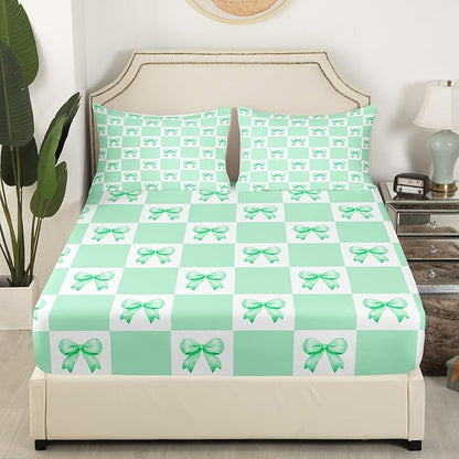 Green Bowknot Fitted Sheet,Geometric Green White Plaids Grids Patchwork Sheet Set for Adults Ultra Soft Room Gift,Princess Bow-tie Dreamy Girly Bow Bedding Set with 2 Pillowcases,Queen Size