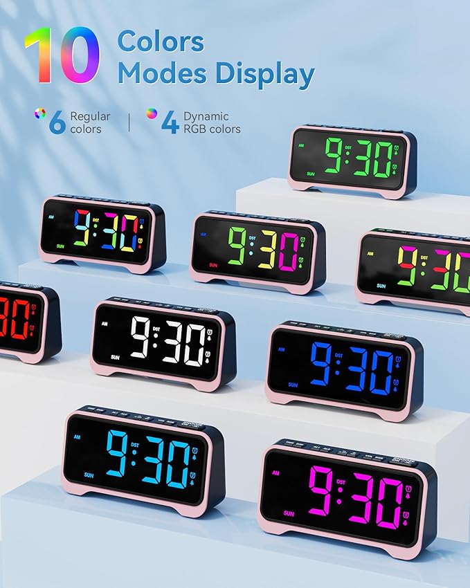 Loud Alarm Clock for Heavy Sleepers Adults, Bed Shaker Alarm Clock with 10-Color Modes/Night Light/USB Charger/7 Dimmer/Battery Backup, Vibrating Alarm Clocks for Hearing Impaired Deaf, Kids, Teens