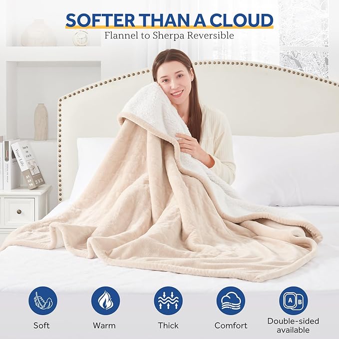 Sealy Heated Blanket Throw with Built-in Button Controller, Reversible Flannel to Sherpa Electric Blanket with 2-10 Hours Auto-Off & 4 Heating Levels, Over-Heat Protection, 50x60 inch, Beige