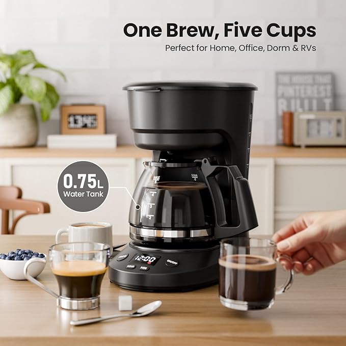 Kismile Compact Drip Coffee Maker, Anti-Drip System, Timer, Removable Funnel & Auto Shut-Off, Anti-Dry Protection, Perfect Small Coffee Machine for Home & Office (Black)