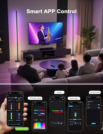 Corner Floor Lamp, RGB IC Smart Corner Lamps Work with Alexa, APP and Remote Control, Music Sync & Timing, Color Changing Ambient Lighting for Living Room Bedroom Gaming One Connected Pair