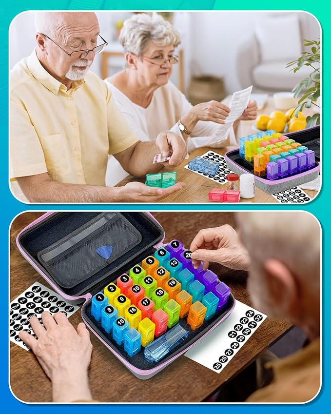 Monthly Pill Organizer 2 Times a Day with Weekly Pill Bags, Portable Hard Shell Case, Pill Cutter & Opener Pick, Monthly and Weekly Stickers for Medication Management (Purple, 2 Times a Day)