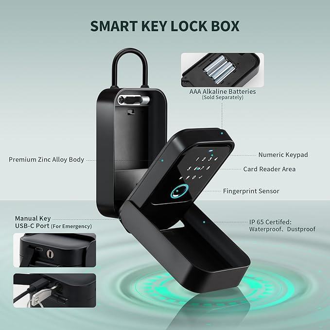 Moquin Smart Key Lock Box, TTLock APP Control, Fingerprint, Manual Keys, Access Card, EKey and Passcode Unlock, Electronic Bluetooth Wireless Lock Box for Airbnb Realtor House Office