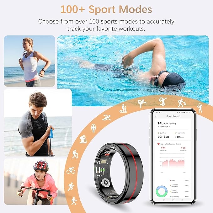 Fit Ring for Women Men, Ring Health Tracker with Heart Rate,Blood Oxygen,Heart Rate Variability, Stress, Sleep Monitor, Step Counter, Smart Ring for iPhone & Android, No Subscription Fee (Black, 13#)