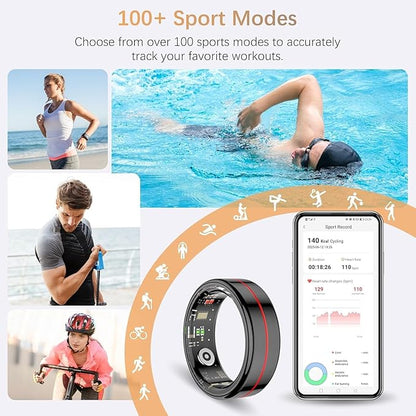 Fit Ring for Women Men, Ring Health Tracker with Heart Rate,Blood Oxygen,Heart Rate Variability, Stress, Sleep Monitor, Step Counter, Smart Ring for iPhone & Android, No Subscription Fee (Black, 13#)