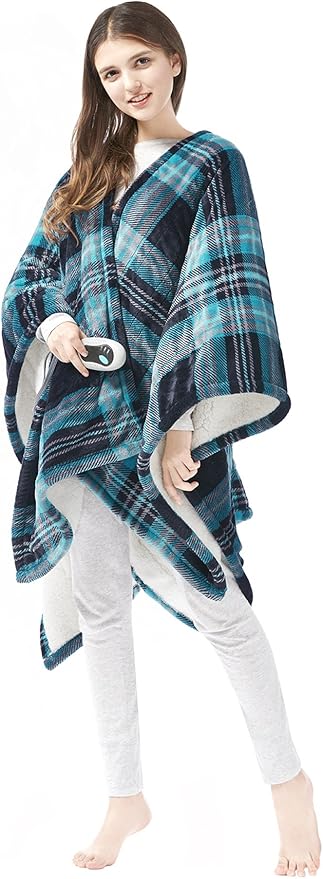 Beautyrest Wearable Electric Poncho Wrap Blanket, Ultra Soft Sherpa & Berber Fleece Heated Throw, UL Certified & Oeko-TEX, 3 Heat Settings & 2 Hour Auto Shutoff, Gift-Ready, 50" x 64", Aqua Plaid
