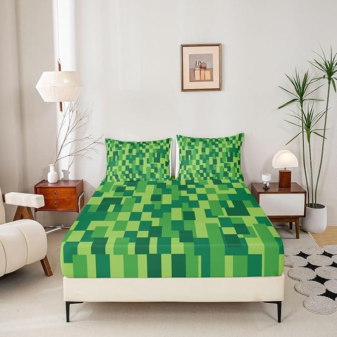 Pixel Grid Kids Full Size Fitted Sheet,Video Games Plaid Lattice Boys Girls Bed Sheets,Geometric Check Abstract Room Decor,Green Bedding Set,2 Pillowcases(No Flat)