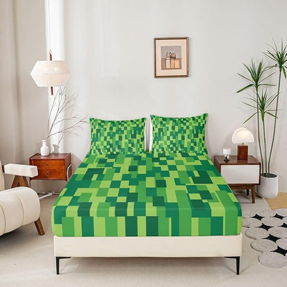 Pixel Grid Kids Twin Size Fitted Sheet,Video Games Plaid Lattice Boys Girls Bed Sheets,Geometric Check Abstract Room Decor,Green Bedding Set,1 Pillowcase(No Flat)