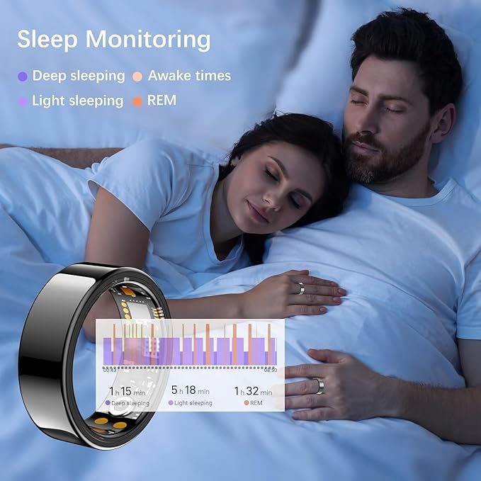 Ring Health Tracker for Women Men, Fitness Ring with Heart Rate,Blood Oxygen,Sleep Monitor,Calories, Step Counter, IP68 Waterproof Smart Ring for iPhone & Android, No Subscription Fee (Black, 11#)