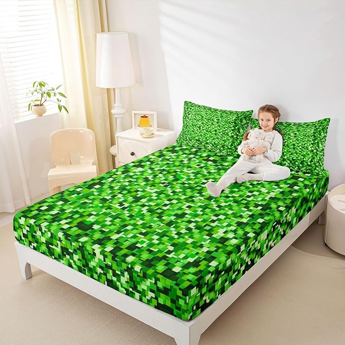 Pixel Check Kids Twin Size Fitted Sheet,Video Games Geometric Lattice Boys Girls Bed Sheets,Game Cartoon Gamepad Room Decor,Green Bedding Set,1 Pillowcase(No Flat)
