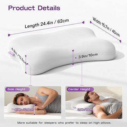 Side Sleeper Neck Pillow for Sleeping - Patented Cervical Neck Pillow with Cooling Cover- High Density Memory Foam Curved Pillows for Adults (Grey)