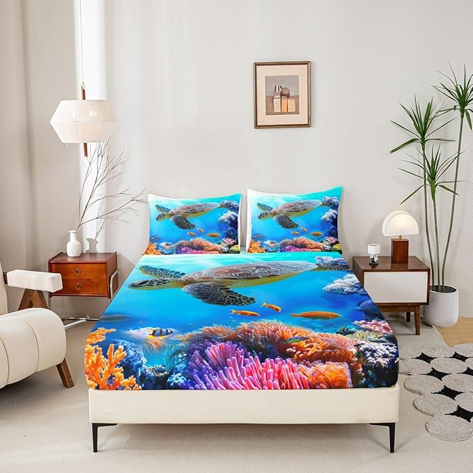 Manfei Sea Turtle Sheet Set Full,Fish Ocean Animal Bedding for Kids Teens Room Decor,Marine Mediterranean Style Sea Blue Bed Sheet 4pcs with Deep Pocket Fitted Sheet + Flat Sheet + 2 Pillowcases