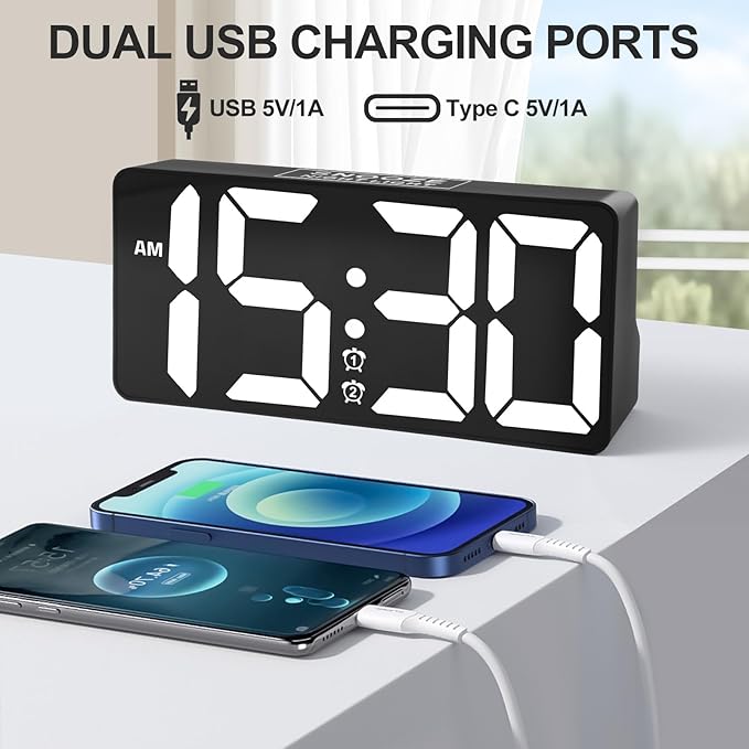 PPLEE Alarm Clock for Bedroom with Night Light & Bold Digits-7 in Digital Clock with Dual Alarms & USB Charger Ports,Battery Backup,Adjustable Brightness&Volume,DST, Loud Desk Clock for Heavy Sleeper