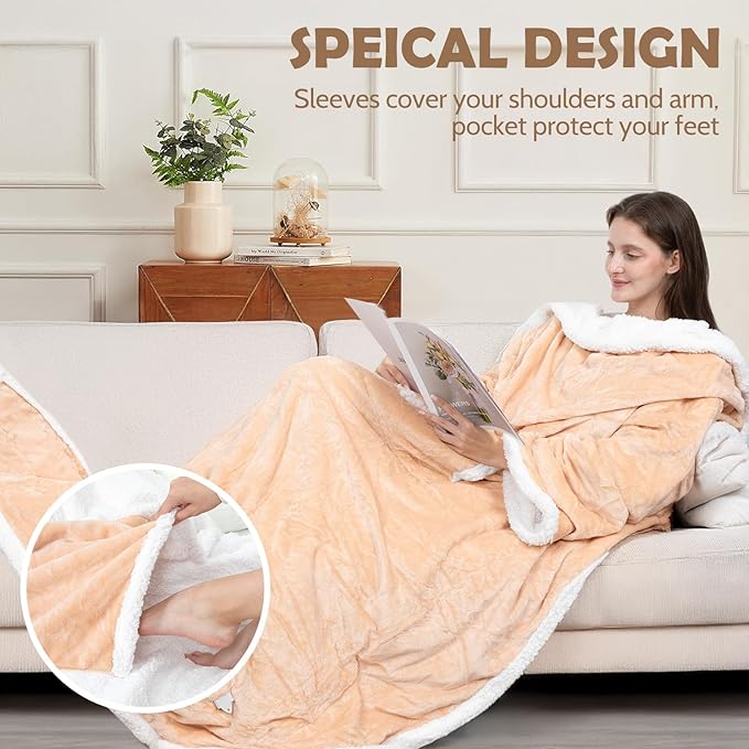 Wearable Heated Blanket with Foot Pocket, 52"x72" Electric Blanket with Sleeves for 12 Hours Timer, 6 Heat Settings, Flannel & Sherpa, Beige