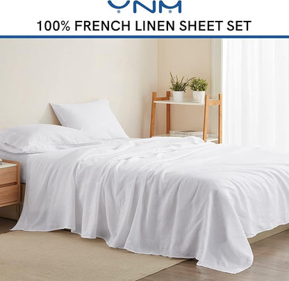 YnM French Linen Sheet Set - Cozy, Skin-Friendly, and Eco-Friendly Pure French Linen Sheets Collection, 4-Piece Set Includes Flat Sheet, Fitted Sheet, and 2 Pillowcases – Queen, White