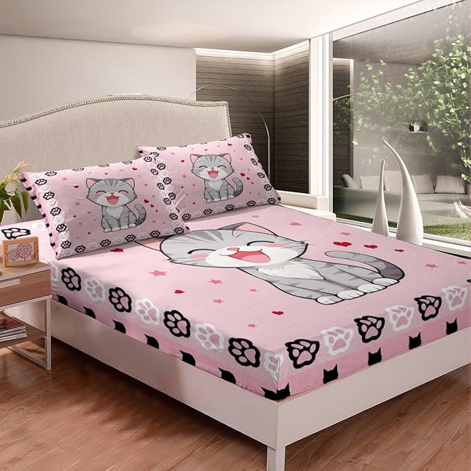 Lovely Cat Fitted Bottom Sheet Full Size,Pink Black Cat Paw Footprint Sheet Set Soft Polyester Bedding,Cute Animals Pink Print Bed Cover(1 Fitted Sheet+2 Pillow Cases)
