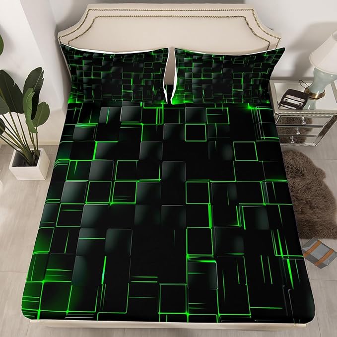 Manfei Abstract Sheet Set Full Size, Modern Geometric Square Grid Bed Sheet Set 4pcs with Deep Pocket Fitted Sheet + Flat Sheet + 2 Pillowcases, Green and Black Bedding Set for Kids Boys Girl Adults
