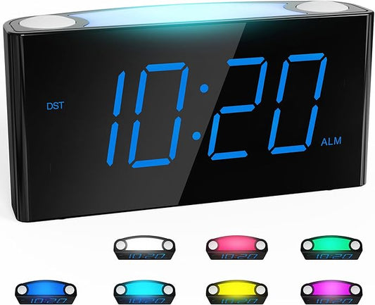 Rocam Digital Alarm Clock for Bedrooms - Large 7.5'' LED Display with Dimmer, Snooze, 7 Color Night Light, Easy to Set, USB Chargers, Battery Backup, 12/24 Hour for Kids,Heavy Sleepers(Blue)