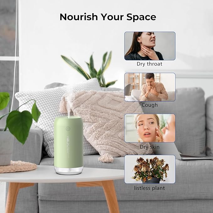 Portable Mini Humidifier, KQLKJ 350ml Small Cool Mist Humidifiers, USB Personal Desktop Humidifier for Bedroom Car Office Travel with Auto Shut-Off & 2 Mist Modes (Green)