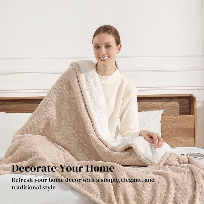 Electric Blanket Queen 84"x90" Heated Blanket Queen Size Dual Control Wheat Pattern Ultra-Soft Flannel & Thick Sherpa with 5 Heat Settings & 10H Auto Off, FCC/ETL Certified, Machine Washable, Beige