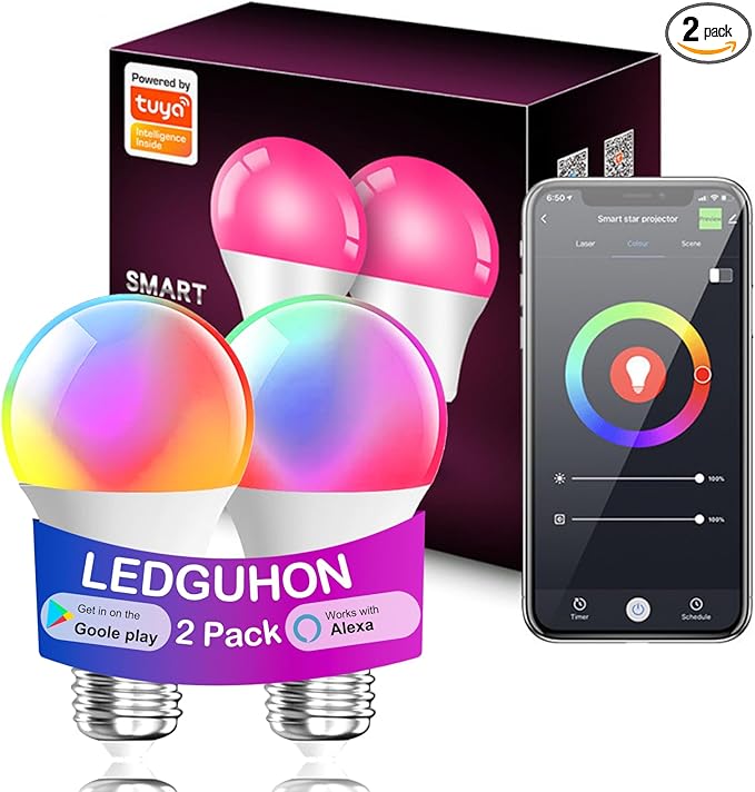 2-Pack 9W E27 Smart Light Bulb, 2.4G WiFi Bluetooth 800LM RGBWW Color Changing LED Bulb, 16M Colors Music Sync Voice Control Works with Alexa Google Home for Bedroom Christmas Parties Decor