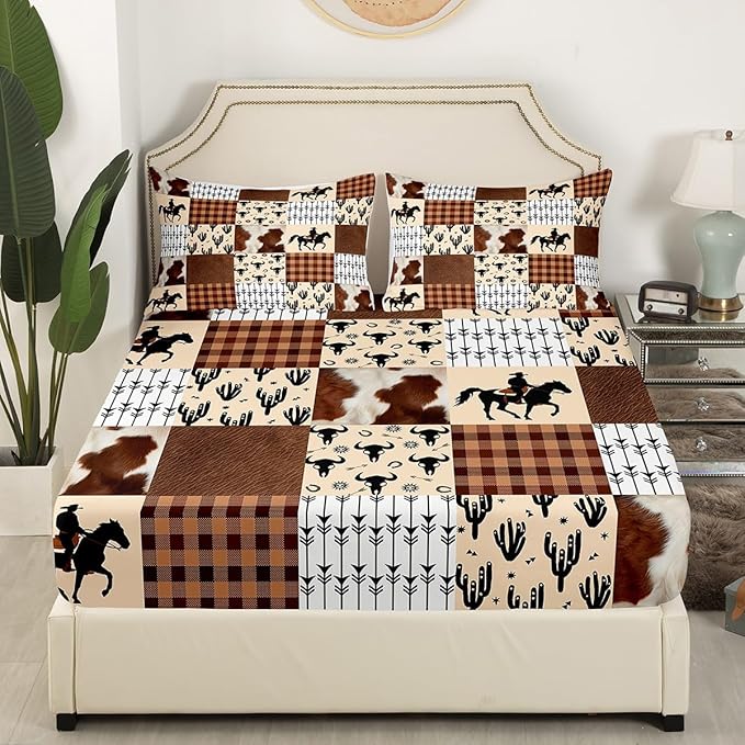 Western Cowboy Bed Cover(1 Fitted Sheet+1 Pillow Case),Rustic Cow Fur Bull Skull Horseshoe Arrow Bedding Set for Room Decor,American West Brown Plaids Patchwork Bed Sheet Set,3Pcs Full Size