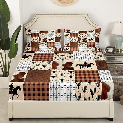 Western Cowboy Bed Sheet Set Rustic Cow Fur Bull Skull Horseshoe Arrow Fitted Sheet for Ultra Soft American West Brown Plaids Patchwork Bedding Cover Set Room Decor Queen (No Flat Sheet)