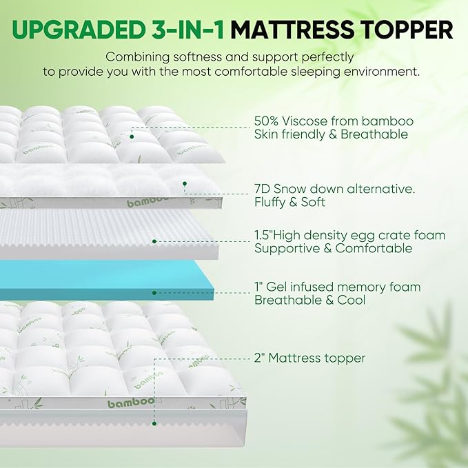 Twin XL Mattress Topper, 3 in 1 Memory Foam Mattress Topper for Back Pain, 2" Fluffy Cooling Mattress Toppers Twin XL Breathable Viscose Made from Bamboo and 2.5" Dual Firmness Gel Memory Foam.