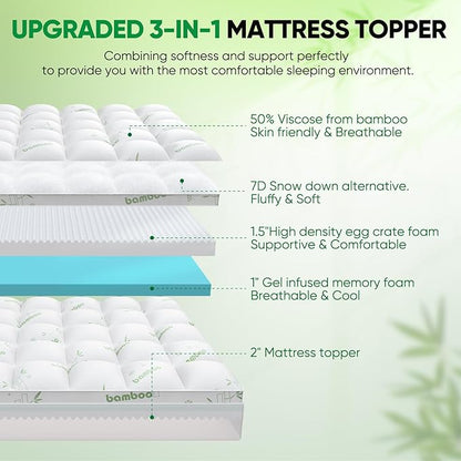 Twin XL Mattress Topper, 3 in 1 Memory Foam Mattress Topper for Back Pain, 2" Fluffy Cooling Mattress Toppers Twin XL Breathable Viscose Made from Bamboo and 2.5" Dual Firmness Gel Memory Foam.