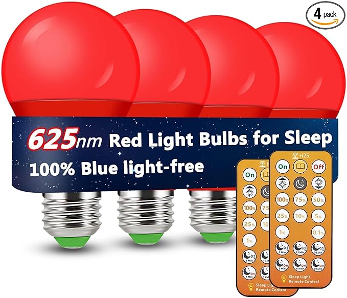 Red Light Bulbs for Sleep with Remote Control, E26 LED Blue Light Blocking A19, 9W for Sleep Therapy, Baby Nursery, Bedroom (4 Packs)
