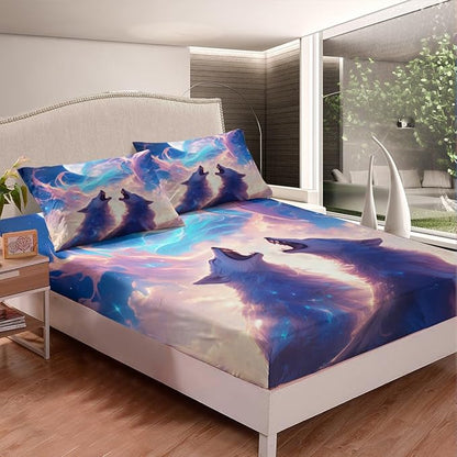 Wild Wolf Kids Fitted Sheet Full Size,Cloud Sky Dreamy Bedding Set,Boys Girls Room Decor,Hunting Animal Adventure Rustic Farmhouse Bed Cover,Blue White Bed Sheet,2 Pillowcases