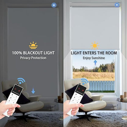 Motorized Blinds with Remote Control, 100% Blackout Cordless Wireless Electric Window Roller Shade Matter Motor Over Thread Compatible with Alexa/Google Home/Homekit (Light Gray)