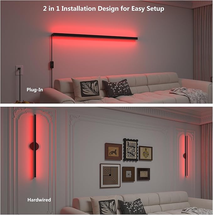 Modern LED Wall Light,RGBCW Wall Sconce Plug In or Hardwire Works with Alexa,Google Home,Remote & App,35.4In Long,Black Accent Wall Mount Lamp Dimmable for Living Room Bedroom Hallway,Music Sync,1pcs