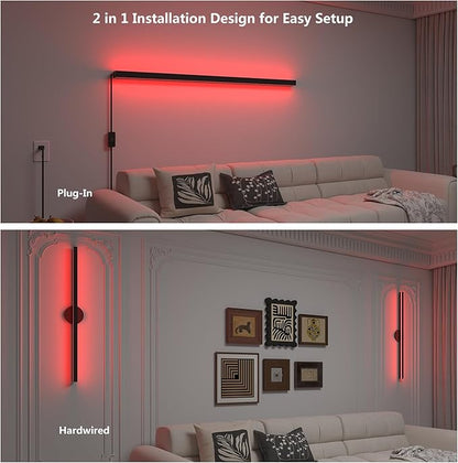 Modern LED Wall Light,RGBCW Wall Sconce Plug In or Hardwire Works with Alexa,Google Home,Remote & App,35.4In Long,Black Accent Wall Mount Lamp Dimmable for Living Room Bedroom Hallway,Music Sync,1pcs