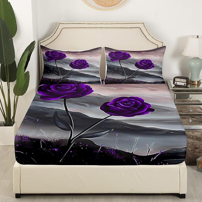 Manfei Purple Roses Fitted Sheet Set Full Size 4 Pcs,Romantic Blooming Flowers Teens Sheets,Aesthetic Natural Mount Paint Bedding Sets (1 Fitted,1 Flat,2 Pillowcases)