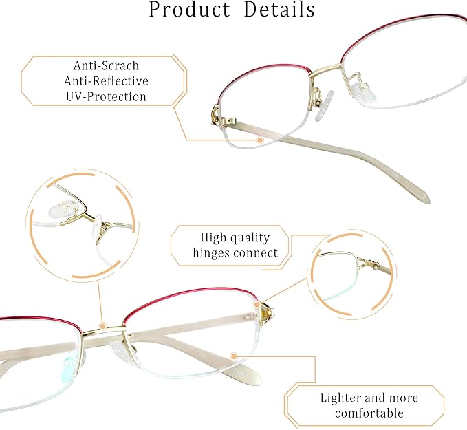 LifeArt Alloy Semi-Rimless Reading Glasses,Blue Light Blocking Glasses, Anti Eyestrain, Computer Gaming Glasses, TV Glasses for Women Men, Anti Glare (Red Gold, +3.75 Magnification)