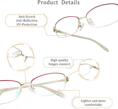 LifeArt Alloy Semi-Rimless Reading Glasses,Blue Light Blocking Glasses, Anti Eyestrain, Computer Gaming Glasses, TV Glasses for Women Men, Anti Glare (Red Gold, +3.75 Magnification)