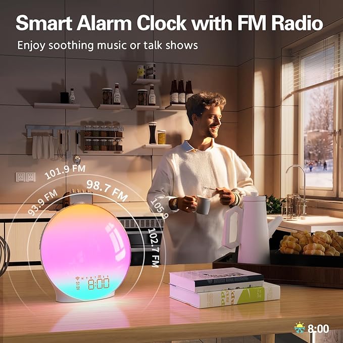 MOMILLA Smart Sunrise Alarm Clock, White Noise Sound Machine Wake-up Light with App Control, FM Radio, Sunset Night Light, Dual Alarms with Snooze Function for Heavy Sleepers Kids