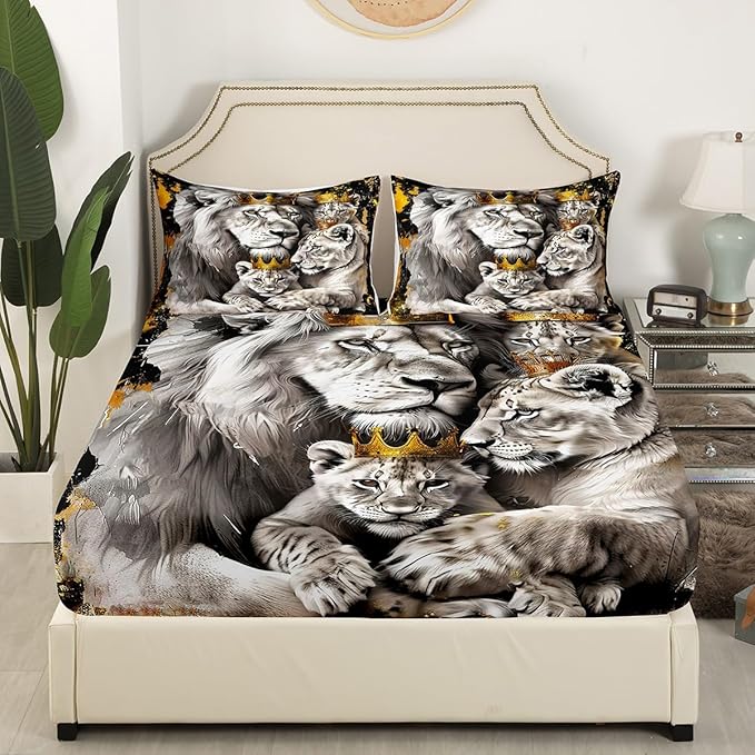 Manfei Lion Family Kids Fitted Sheet Twin Size,Gold King and Queen Crown Bedding Set,Boys Men Room Decor,Tropical Wild African Animal Hunting Adventure Bed Cover,Grey Bed Sheet,1 Pillowcase