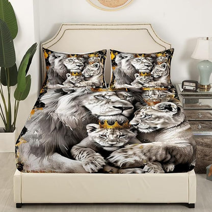 Manfei Lion Family Kids Fitted Sheet Queen Size,Gold King and Queen Crown Bedding Set,Boys Men Room Decor,Tropical Wild African Animal Hunting Adventure Bed Cover,Grey Bed Sheet,2 Pillowcases
