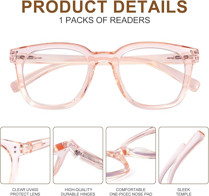Reading Glasses for Men Women Blue Light Blocking with Spring Hinge, Blocking Readers Anti UV Ray Filter Eyeglasses, Square Computer Reader Glasses, Pink, +3.0