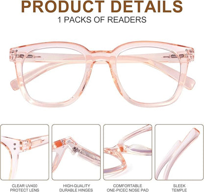 Reading Glasses for Men Women Blue Light Blocking with Spring Hinge, Blocking Readers Anti UV Ray Filter Eyeglasses, Square Computer Reader Glasses, Pink, +1.0