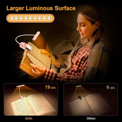 Gritin Rechargeable Book Light for Reading in Bed with 19 LED &Memory Function-Eye Caring 3 Color Temperatures,5 Brightness Levels,90 Hrs Runtime Flexible Goose Neck Clip on Light-Pink