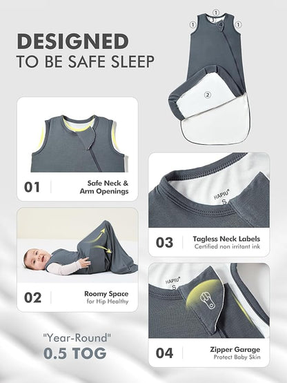 HAPIU Unisex Rayon Made from Bamboo Baby Sleep Sack TOG 0.5, 2-Way Premium Zipper, Wearable Blanket