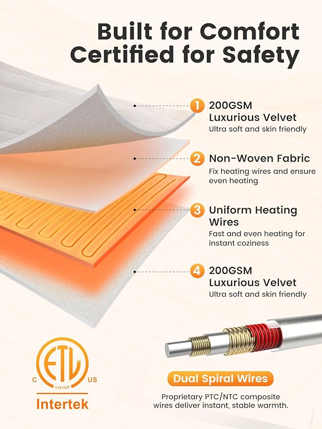 WOOMER Heated Blanket Queen Size 84" x 90", Electric Blanket with 0.5-12 Hours Timer & 10 Heating Levels, ETL Certified, White Double-Sided Velvet, Machine Washable