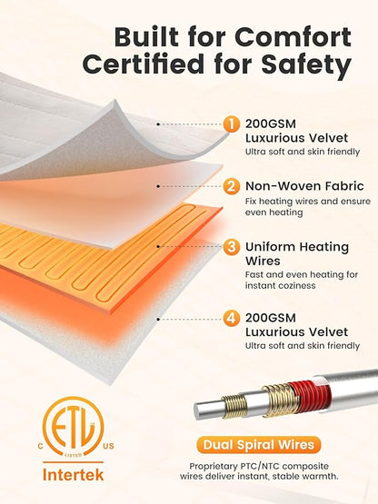 WOOMER Heated Blanket Twin Size 62" x 84", Electric Blanket with 0.5-12 Hours Timer & 10 Heating Levels, ETL Certified, White Double-Sided Velvet, Over-Heat Protect, Machine Washable